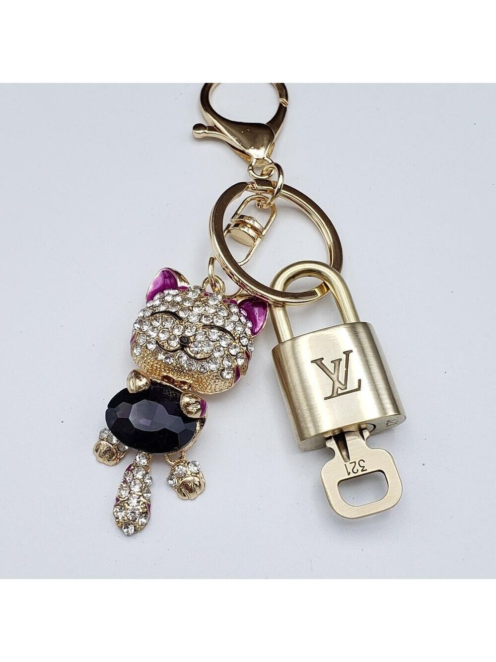 Authentic Louis Vuitton Lock & Key with Unbranded Cat Charm, Keychain - Picture 9 of 12